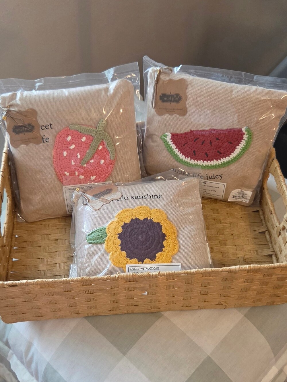 Mud Pie 8x8 Set Of 3 Crochet Pillow Set